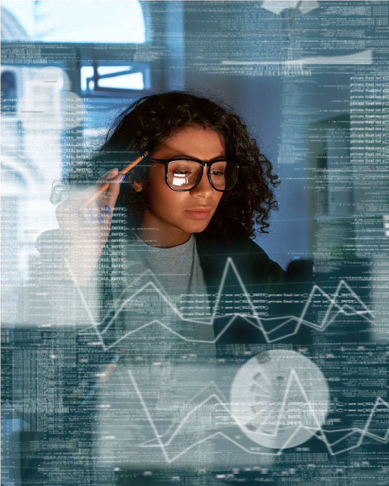 photo of woman thinking with charts and graphs